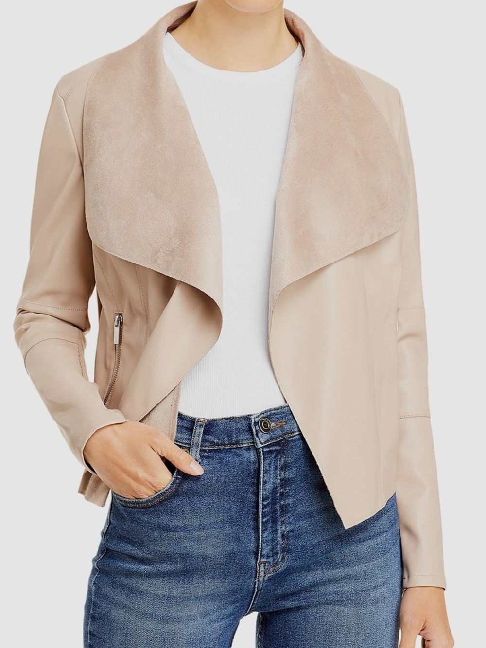 bagatelle Tan Draped Open-Front Women's Leather Jacket